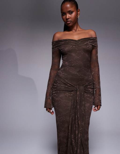 Kaiia exclusive double layered slinky lace bardot flare sleeve tie waist drape detail maxi dress in chocolate