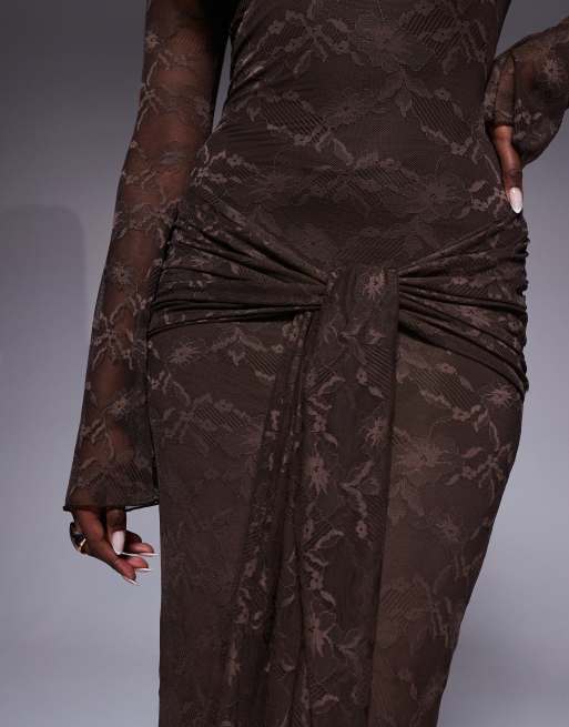 Kaiia exclusive double layered slinky lace bardot flare sleeve tie waist drape detail maxi dress in chocolate