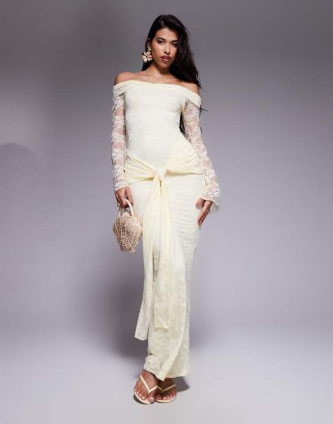 Kaiia exclusive double-layered slinky lace bardot flare sleeve tie waist drape detail maxi dress in lemon - view 1