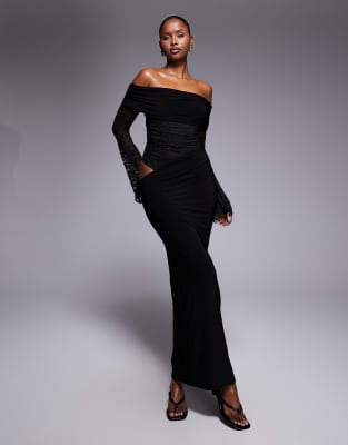 Kaiia Kaiia exclusive double layered slinky lace bardot maxi dress in black