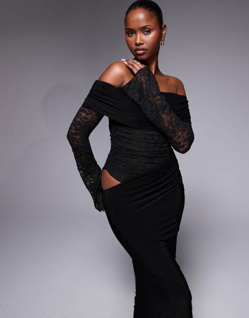 Kaiia exclusive double layered slinky lace bardot maxi dress in black, 3 of 4