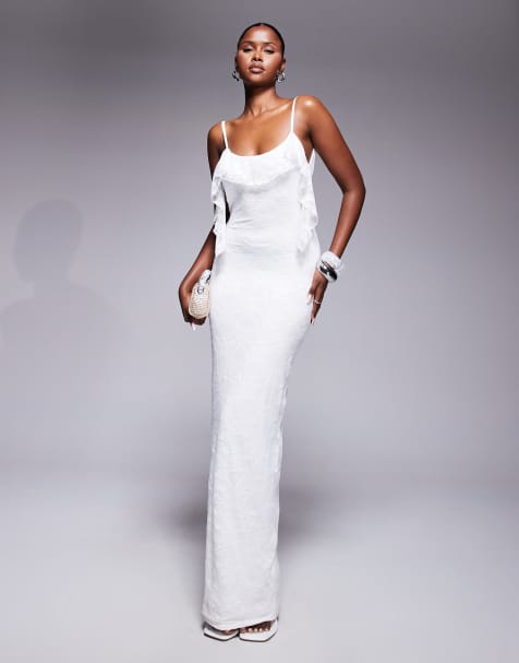 Kaiia exclusive double layered slinky lace cami ruffle detail cowl back maxi dress in ivory - view 1