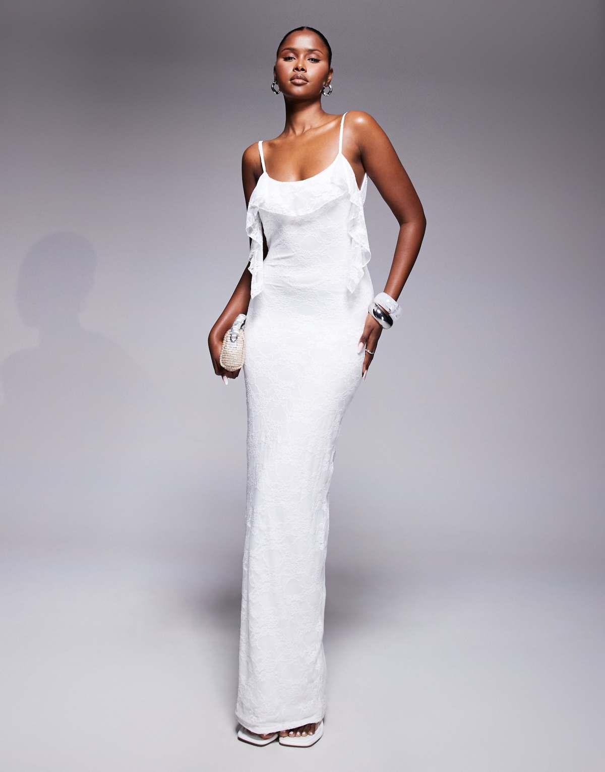 Kaiia exclusive double layered slinky lace cami ruffle detail cowl back maxi dress in ivory