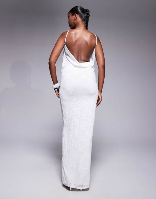 Kaiia exclusive double layered slinky lace cami ruffle detail cowl back maxi dress in ivory 
