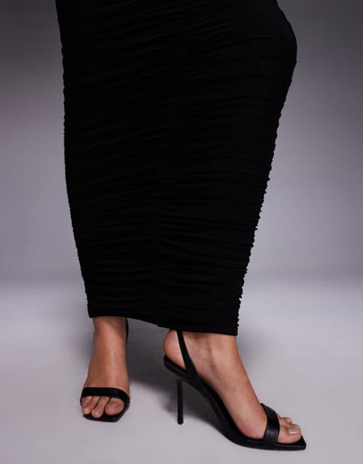 Kaiia exclusive double layered slinky lace high neck ruched maxi dress in black, 3 of 4