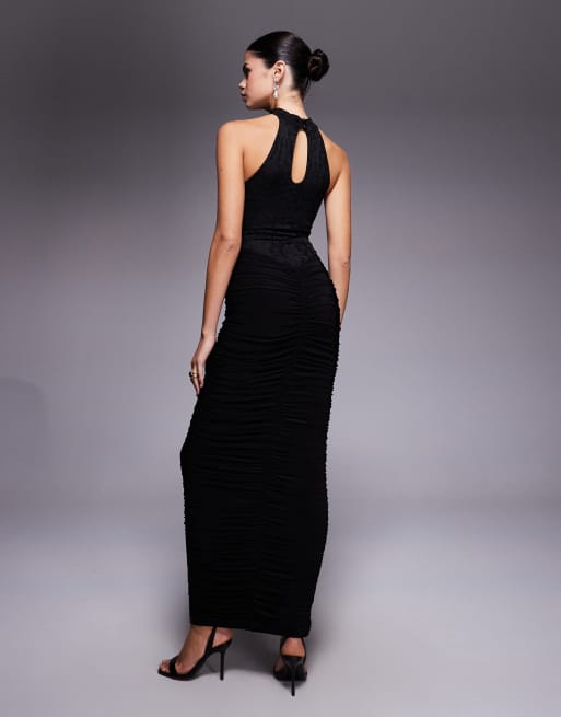 Kaiia Exclusive double layered slinky lace high neck ruched maxi dress in  black | ASOS