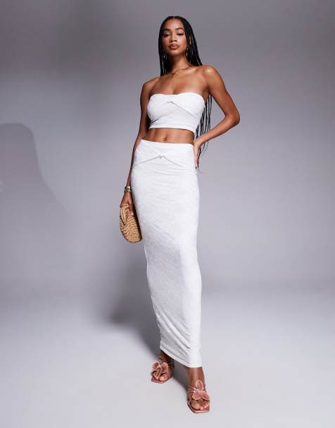 Kaiia exclusive double layered slinky lace knot detail bandeau top and maxi skirt co-ord in ivory - view 1