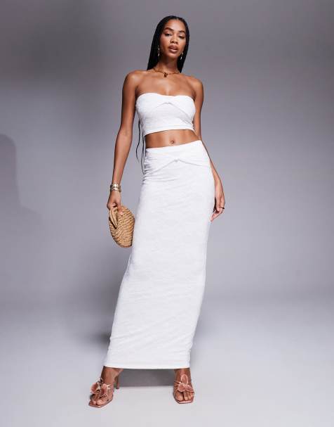 Kaiia exclusive double layered slinky lace knot detail maxi skirt co-ord in ivory 