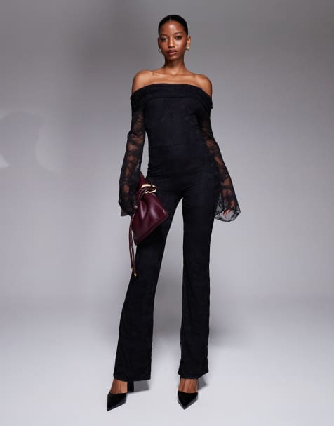 Kaiia exclusive double layered slinky lace long sleeve foldover bardot jumpsuit in black - view 1