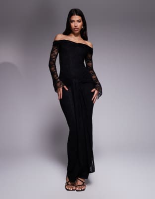 exclusive double layered slinky lace off the shoulder flare sleeve tie waist drape detail maxi dress in black