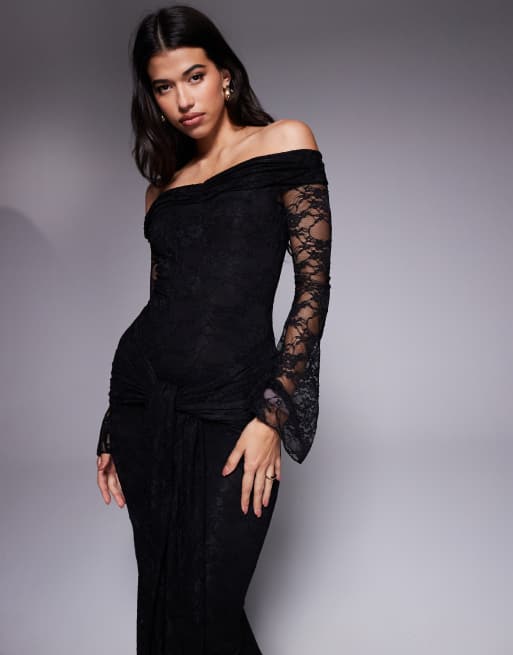 Kaiia exclusive double layered slinky lace off the shoulder flare sleeve tie waist drape detail maxi dress in black