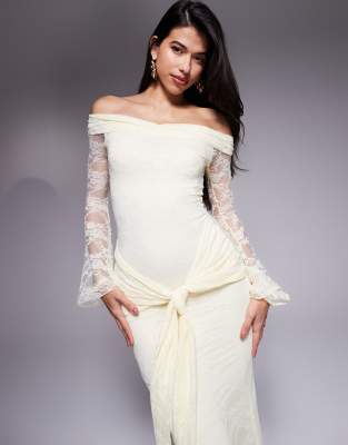 Kaiia Exclusive Double Layered Slinky Lace Off The Shoulder Flare Sleeves Tie Waist Drape Detail Maxi Dres