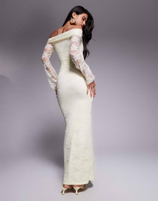 Kaiia exclusive double layered slinky lace off the shoulder flare sleeves tie waist drape detail maxi dress in lemon-Yellow