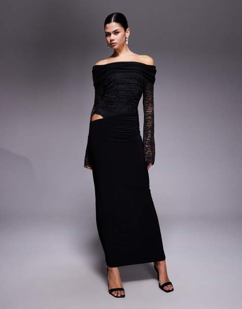 Kaiia exclusive double layered slinky lace bardot maxi dress in black