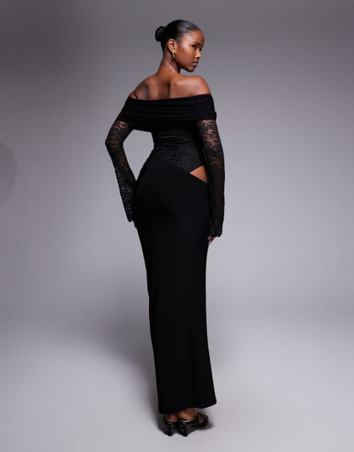 Kaiia exclusive double layered slinky lace off the shoulder maxi dress in black, 2 of 4