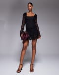 [Kaiia] Kaiia exclusive double layered slinky lace square neck godet hem detail mini dress in black 16 BLACK