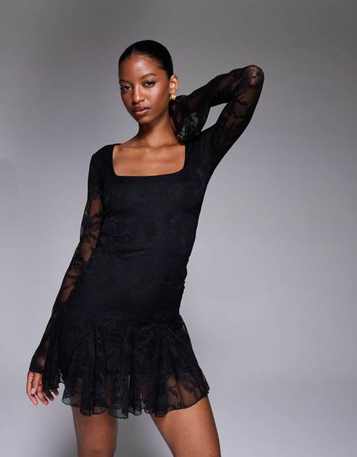 Kaiia exclusive double layered slinky lace square neck godet hem detail mini dress in black