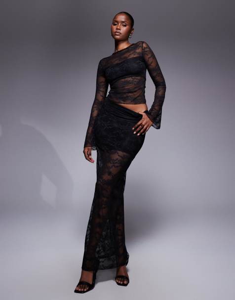 Kaiia exclusive double layered slinky lace square neck long sleeve crop top and maxi skirt co-ord in black - view 1