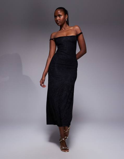 Kaiia exclusive double layered slinky lace twist off shoulder midaxi dress in black - view 1