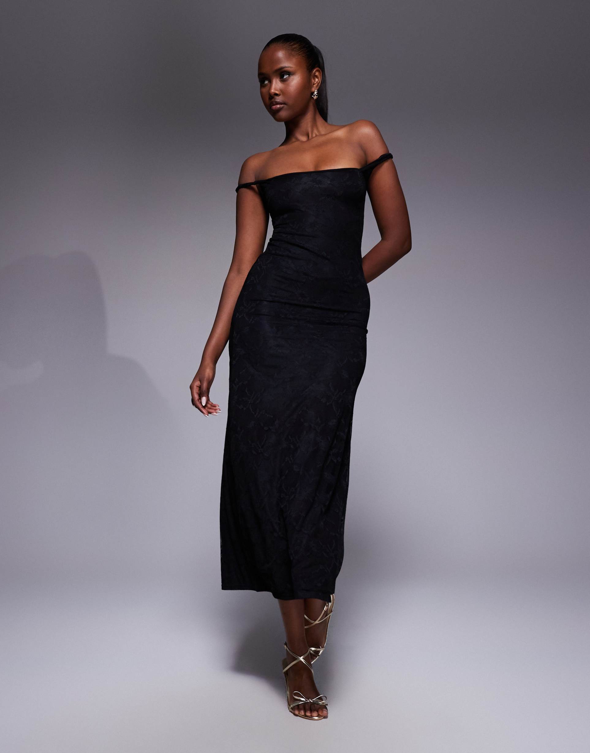 kaiia exclusive double layered slinky lace twist off shoulder midaxi dress in black