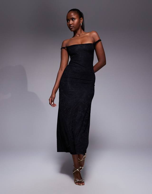 Kaiia exclusive double layered slinky lace twist off shoulder midaxi dress in black