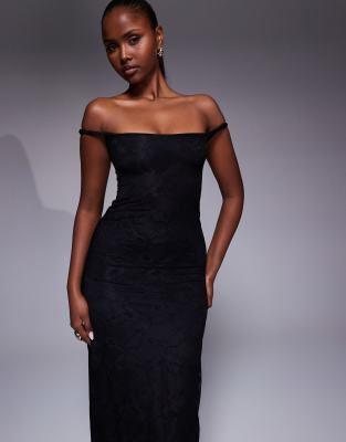 Kaiia Exclusive Double Layered Slinky Lace Twist Off Shoulder Midaxi Dress In Black