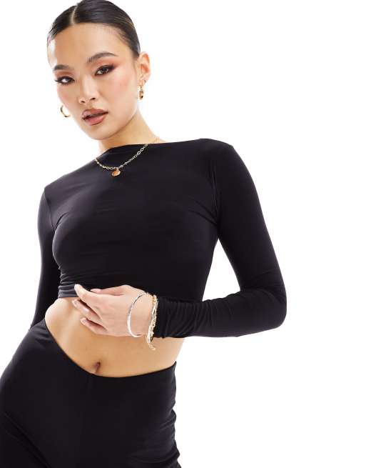 Kaiia exclusive double layered slinky long sleeve low back top in black 