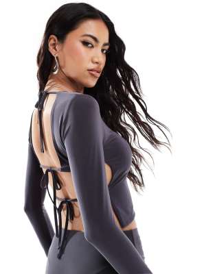 Kaiia Kaiia exclusive double layered slinky long sleeve tie back top co-ord in charcoal-Grey