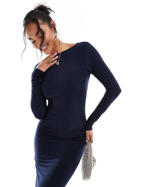 Kaiia exclusive double layered slinky low back long sleeve bodycon maxi  dress in navy
