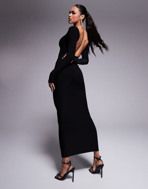 chinese dress ladies Louisa Long Sleeve Slinky Maxi Dress - Black