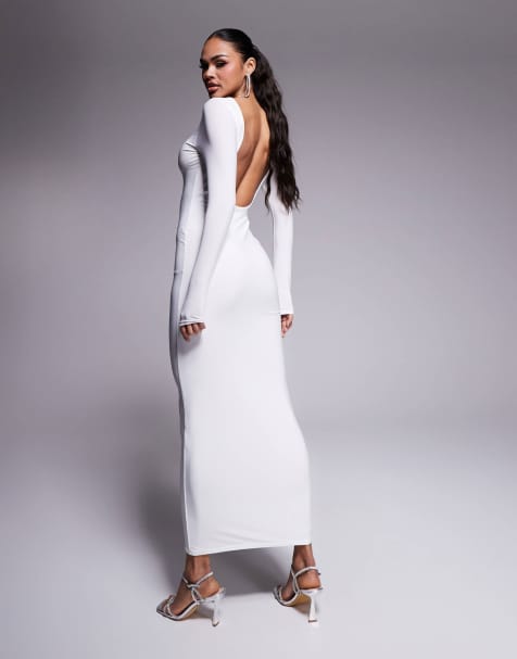 Kaiia exclusive double-layered slinky low back long sleeve maxi dress in white - view 1