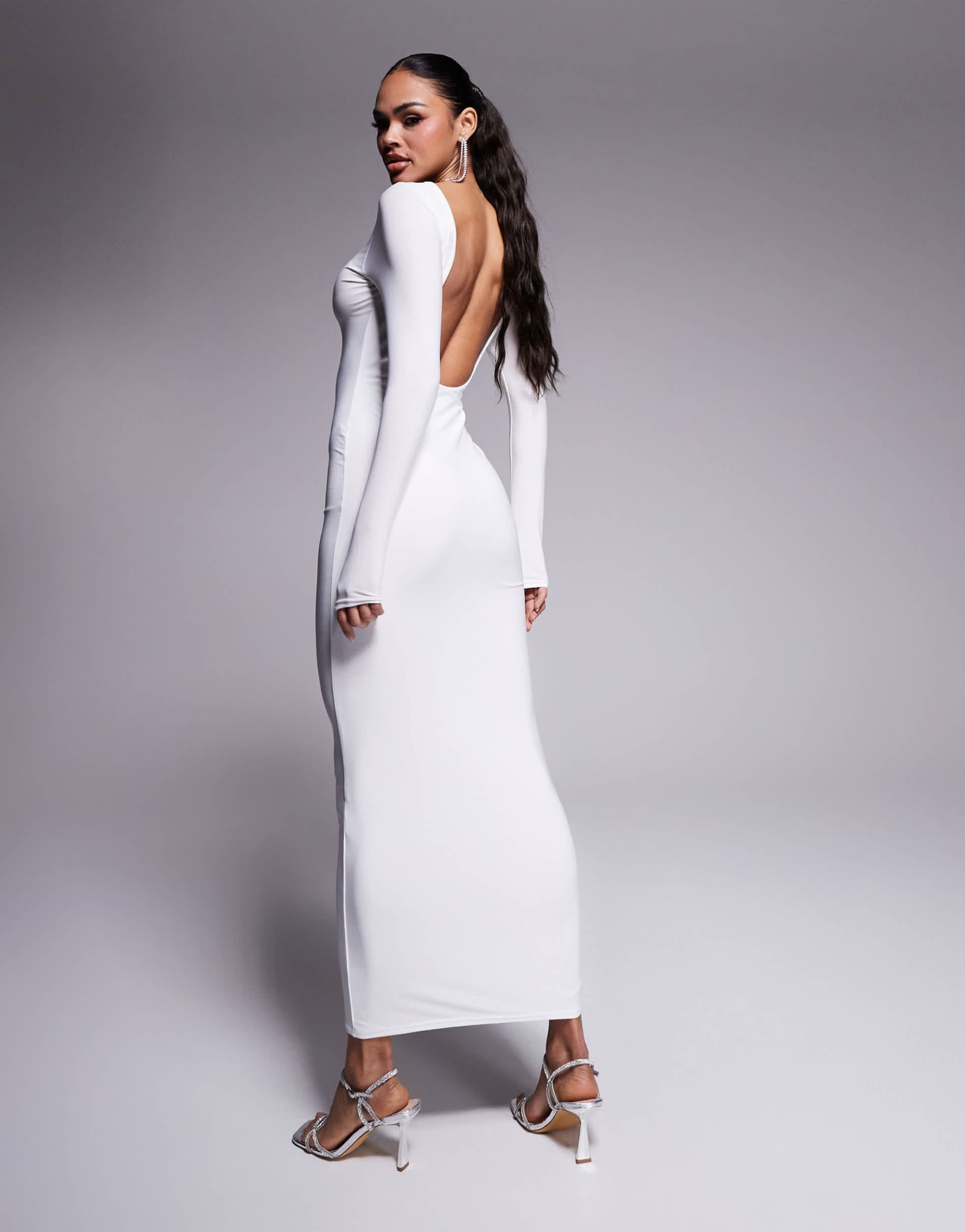 kaiia exclusive double layered slinky low back long sleeve maxi dress in white