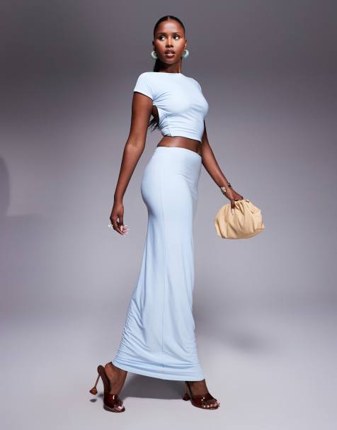 Kaiia exclusive double layered slinky low back top and maxi skirt co-ord in baby blue - view 1