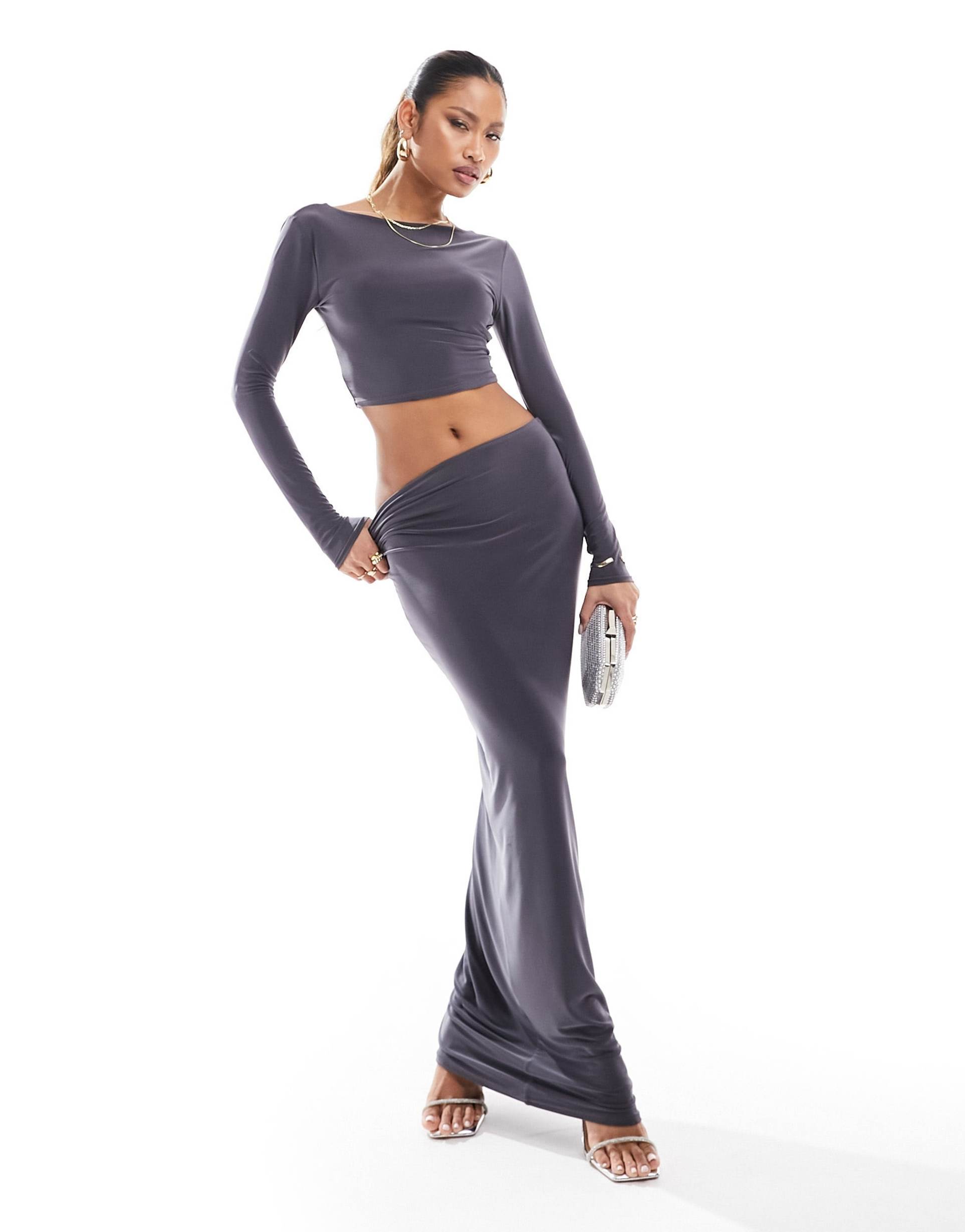 kaiia exclusive double layered slinky maxi column skirt in slate blue - part of a set