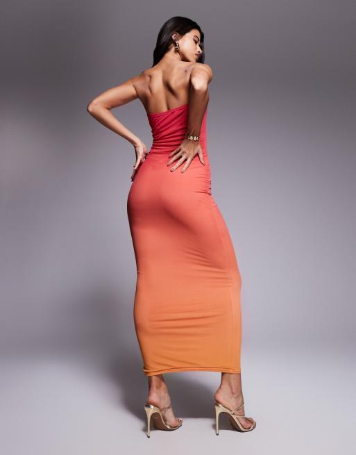Kaiia exclusive double layered slinky mesh bandeau maxi dress in pink and orange ombre 