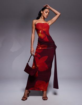 Kaiia Exclusive Double Layered Slinky Mesh Bandeau Tie Side Drape Detail Maxi Dress In Red