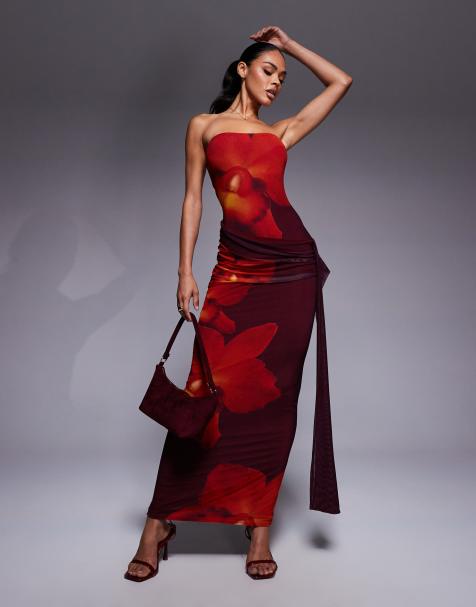 Kaiia exclusive double layered slinky mesh bandeau tie side drape detail maxi dress in brown and orange floral - view 1