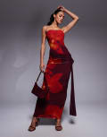 [Kaiia] Kaiia exclusive double layered slinky mesh bandeau tie side drape detail maxi dress in brown and orange floral-Multi 10 Brown and Orange