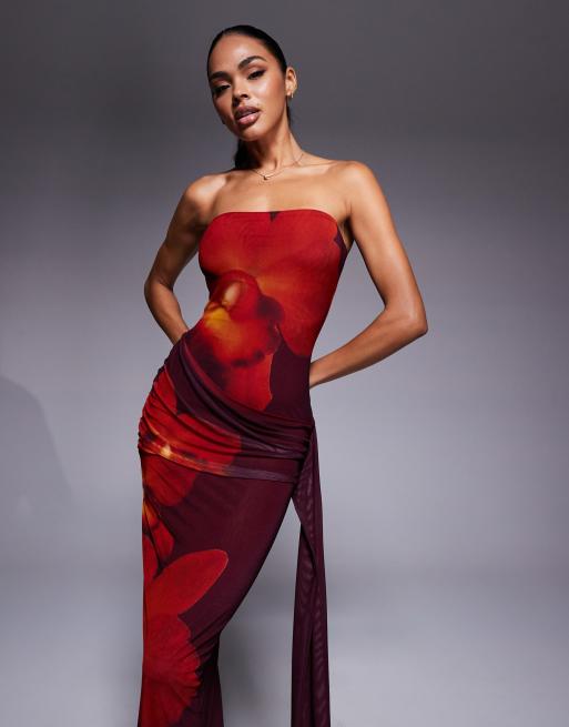 Kaiia exclusive double layered slinky mesh bandeau tie side drape detail maxi dress in brown and orange floral