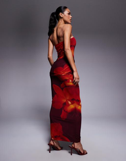 Kaiia exclusive double layered slinky mesh bandeau tie side drape detail maxi dress in brown and orange floral