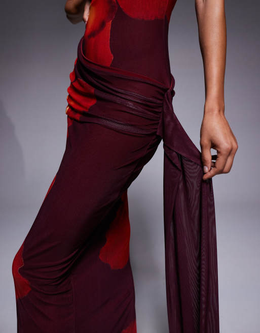 Kaiia exclusive double layered slinky mesh bandeau tie side drape detail maxi dress in brown and orange floral