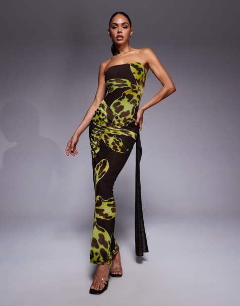 Kaiia exclusive double layered slinky mesh bandeau tie side drape detail maxi dress in brown and yellow floral - view 1