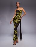 [Kaiia] Kaiia exclusive double layered slinky mesh bandeau tie side drape detail maxi dress in brown and yellow floral-Multi 4 Brown and yellow