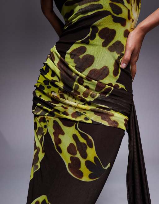 Kaiia exclusive double layered slinky mesh bandeau tie side drape detail maxi dress in brown and yellow floral