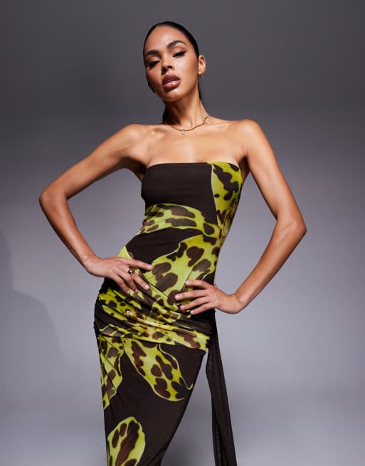 Kaiia exclusive double layered slinky mesh bandeau tie side drape detail maxi dress in brown and yellow floral