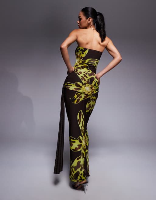 Kaiia exclusive double layered slinky mesh bandeau tie side drape detail maxi dress in brown and yellow floral