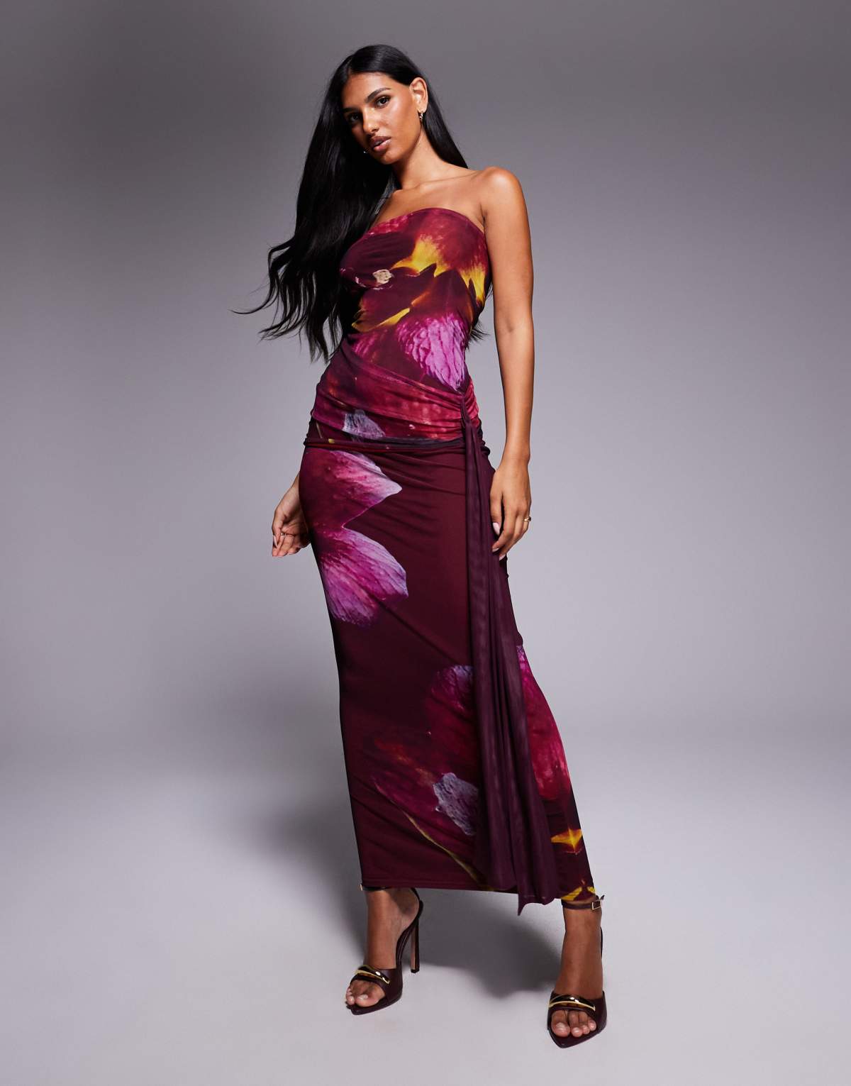 Kaiia exclusive double layered slinky mesh bandeau tie side drape detail maxi dress in midnight plum floral