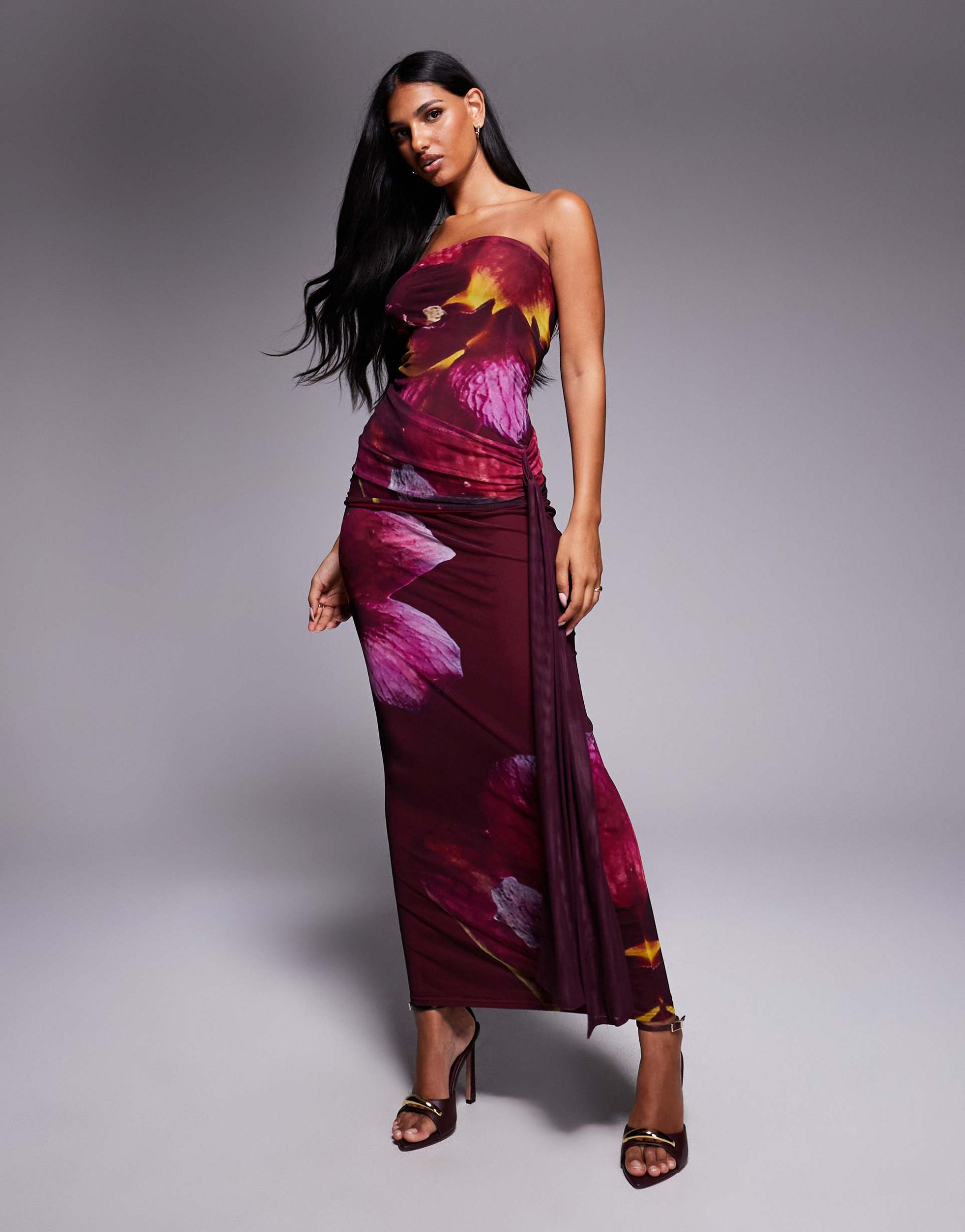 kaiia exclusive double layered slinky mesh bandeau tie side drape detail maxi dress in midnight plum floral