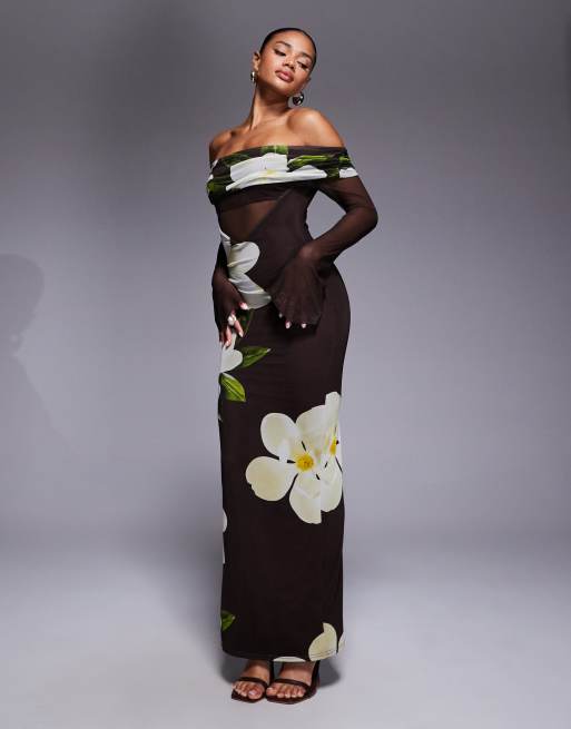 Kaiia exclusive double layered slinky mesh bardot sheer angel sleeve panel detail maxi dress in brown and cream floral