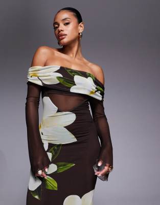 Kaiia Exclusive Double Layered Slinky Mesh Bardot Sheer Angel Sleeve Panel Detail Maxi Dress In Multi